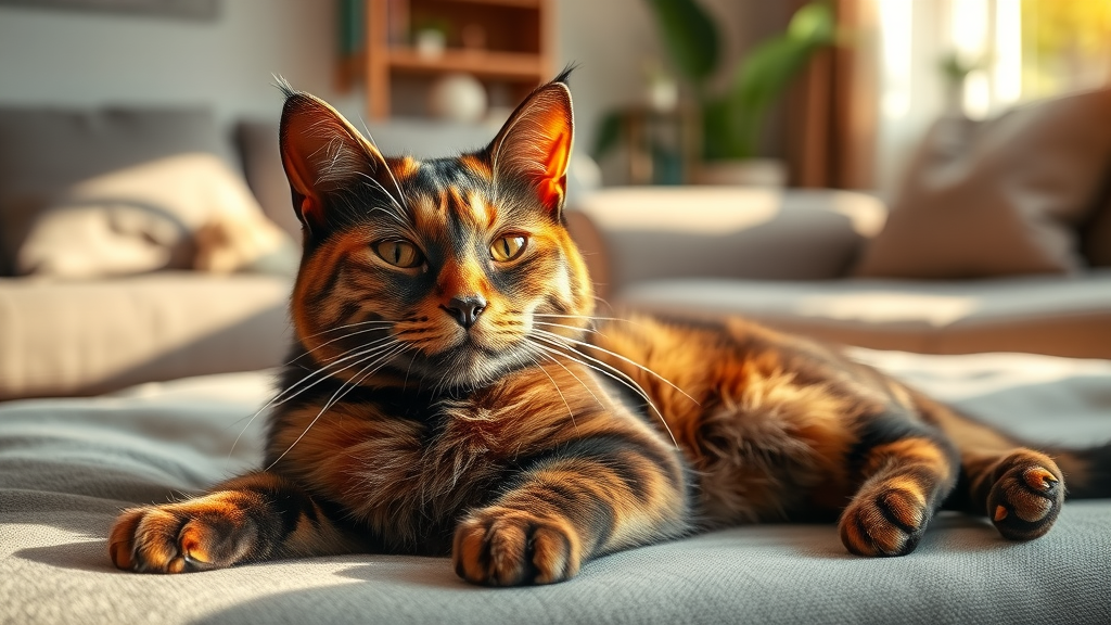 relaxed healthy cat after vet checkup, happy home, sunlight, healthy adult cat