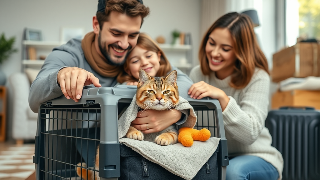 Family preparing cat and crate for a comfortable road trip with toys and a blanket