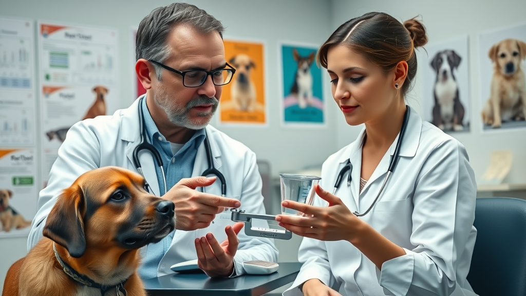 Veterinarian consulting pet owner discussing portion size and food to feed dog daily