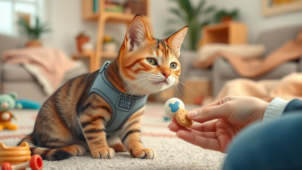 Playful tabby cat sniffing a harness while owner offers treats and toys, preparing for leash training a cat.