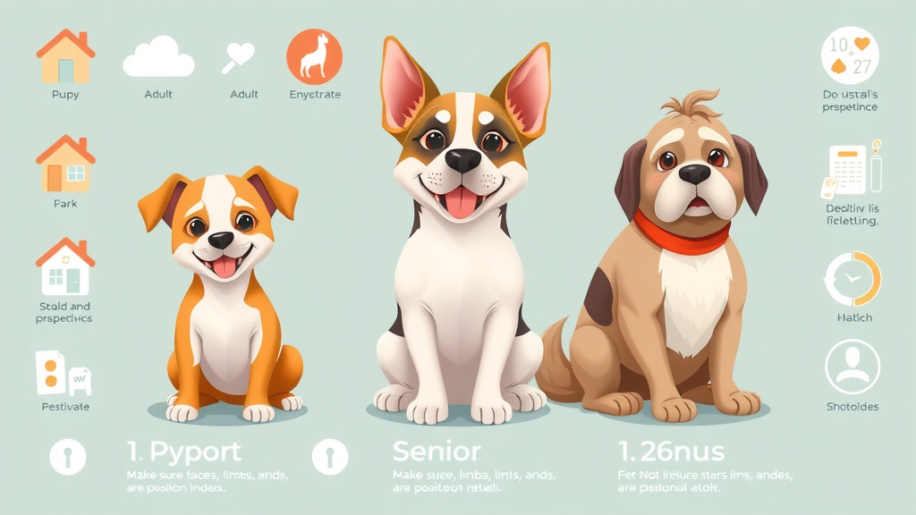 infographic of three dogs, different ages and breeds, highlighting environment and health indicators, vet visits for puppy, adult, senior dog, modern icons