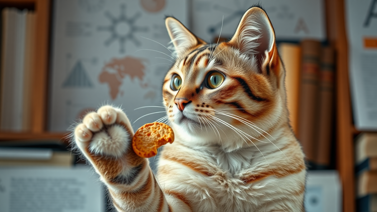 Engaged senior cat performing trick for treat - training sessions and science