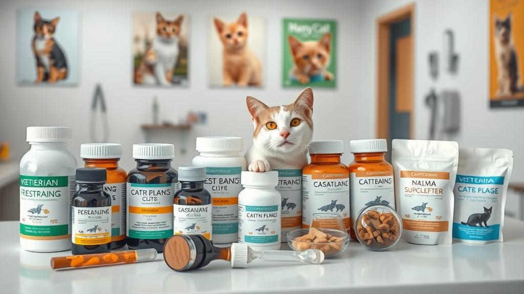 Veterinarian prescription bottles, herbal supplements, and calming treats for cat sedatives shown in a clinic