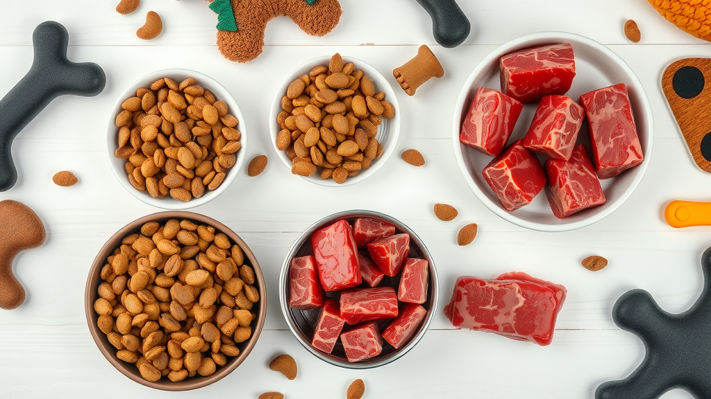 Three types of dog food dry kibble wet food and raw meat patties type of food for dogs
