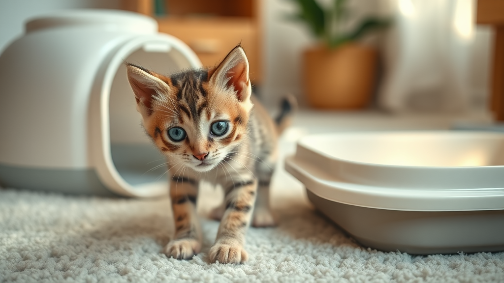 adorable small kitten exploring near a clean litter box, how do i litter train a kitten