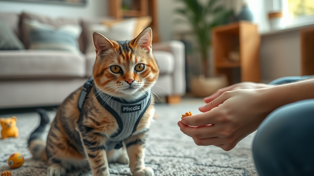 leash training a cat, anxious cat resisting harness while owner offers treat