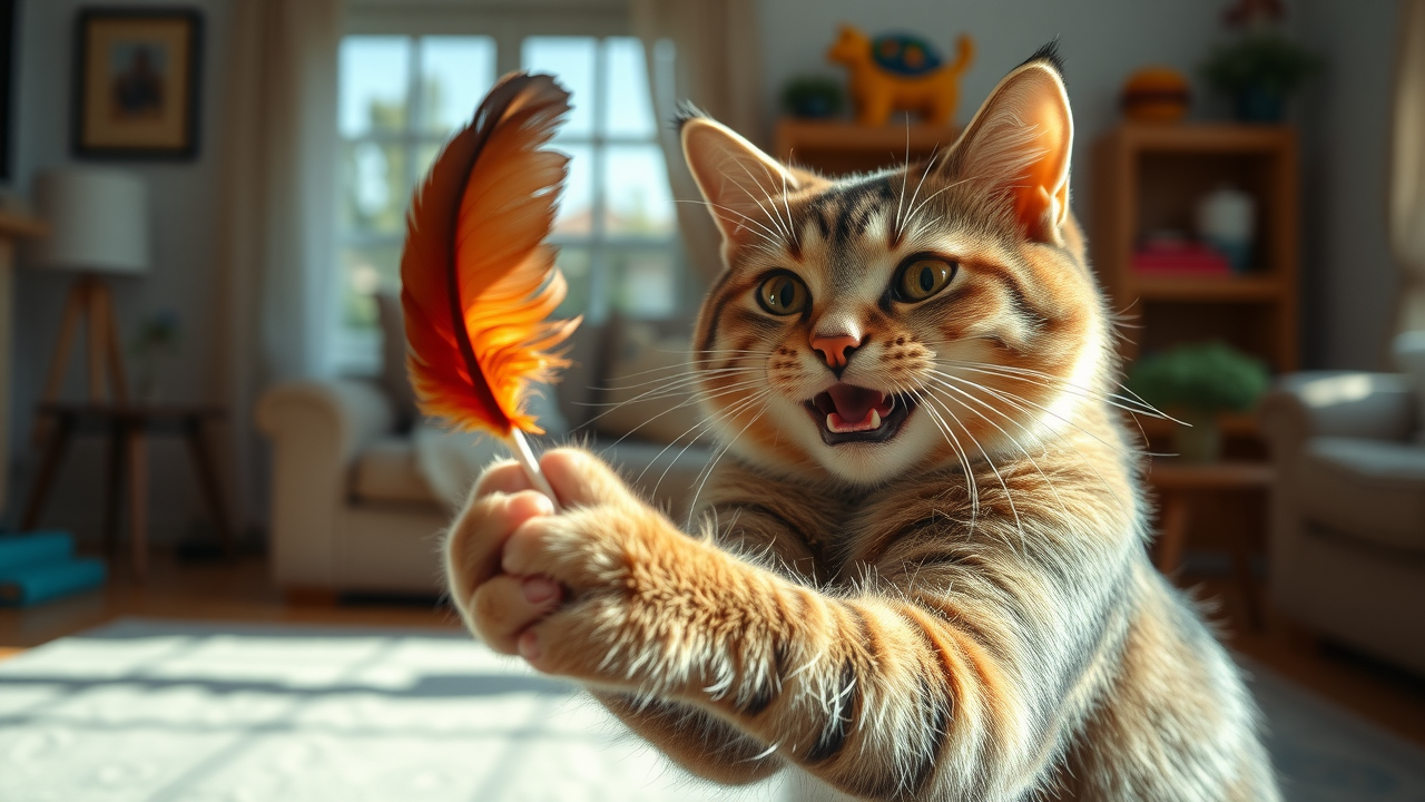 Content adult cat enjoying play and enrichment during training