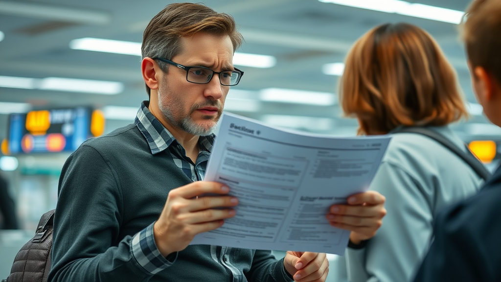 stressed traveler at airport counter with incomplete pet documents, pet travel delays due to paperwork, photorealistic, airport check-in