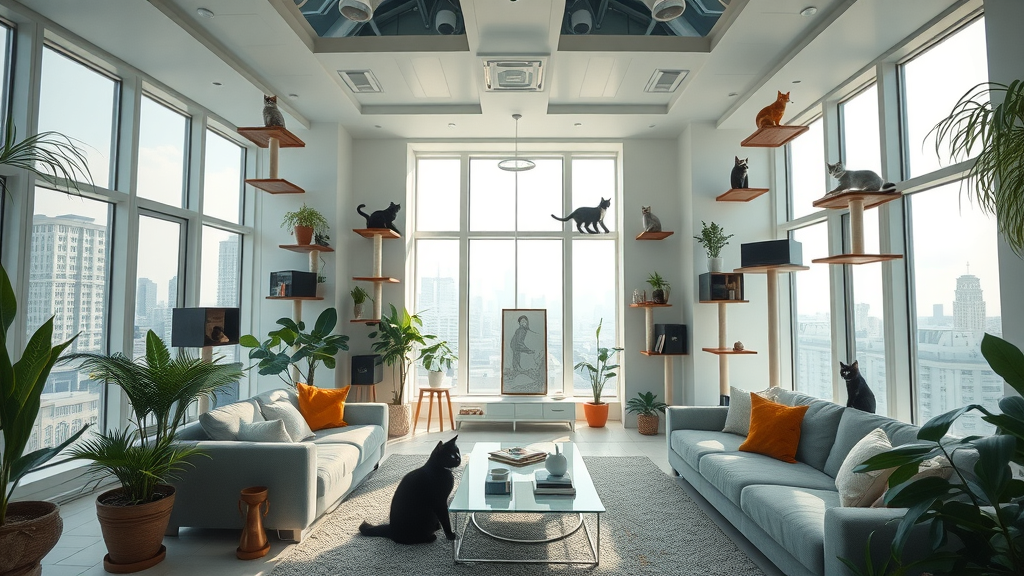 futuristic cat-friendly living room with cat trees, perches, interactive play areas for indoor cats, enrichment ideas, do cats get bored indoors?