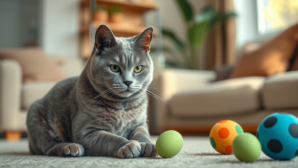 calm gray cat practicing recall with toys and clicker, living room recall training setup
