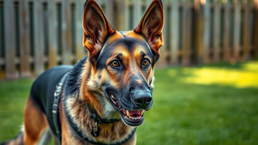 Alert German Shepherd showing sign of aggression by intense stare and raised hackles, backyard, detailed fur, strong body language