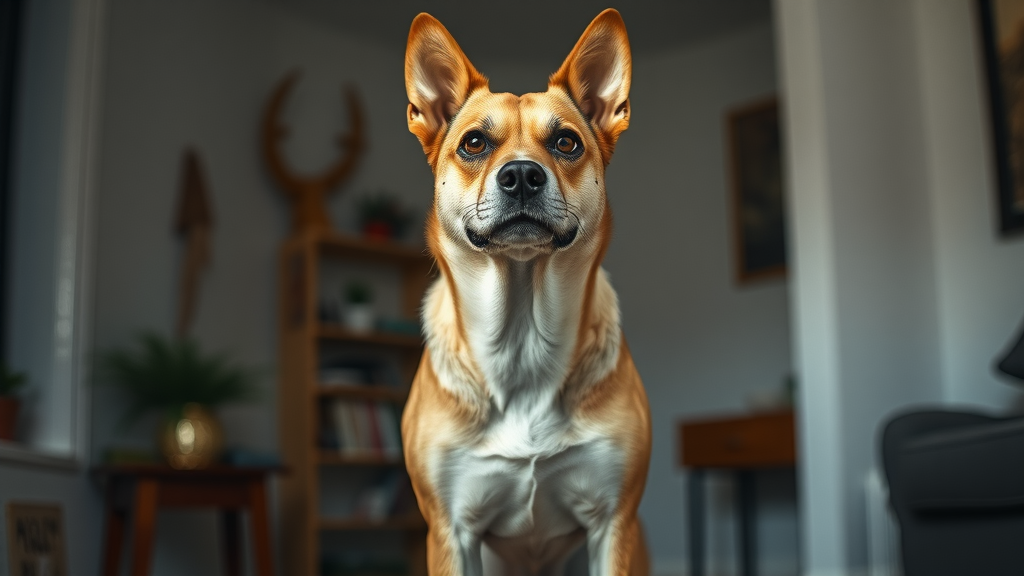 alert dog, neutral expression, tense body posture, raised hackles, aggressive dog, body language, simple home background