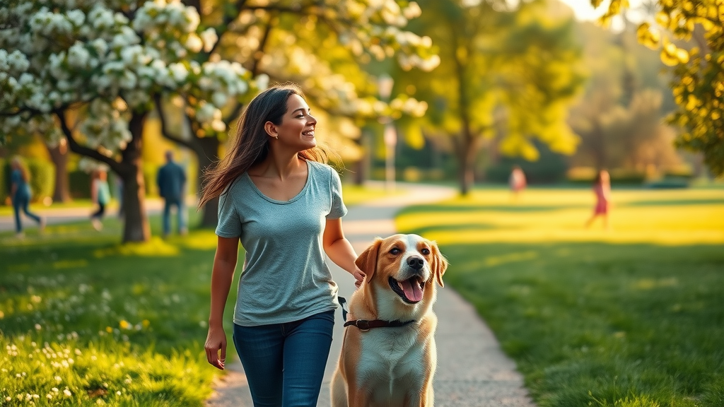 hopeful person and dog walking together in sunlit park, the dog that saved my life, reflecting on resilience and hope