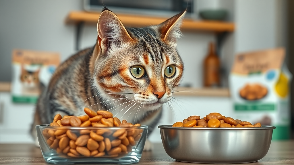 Curious domestic short-haired cat sniffing a bowl of dry and wet cat food side-by-side, exploring is grain-free food better for cats, with modern kitchen background and cat food packaging