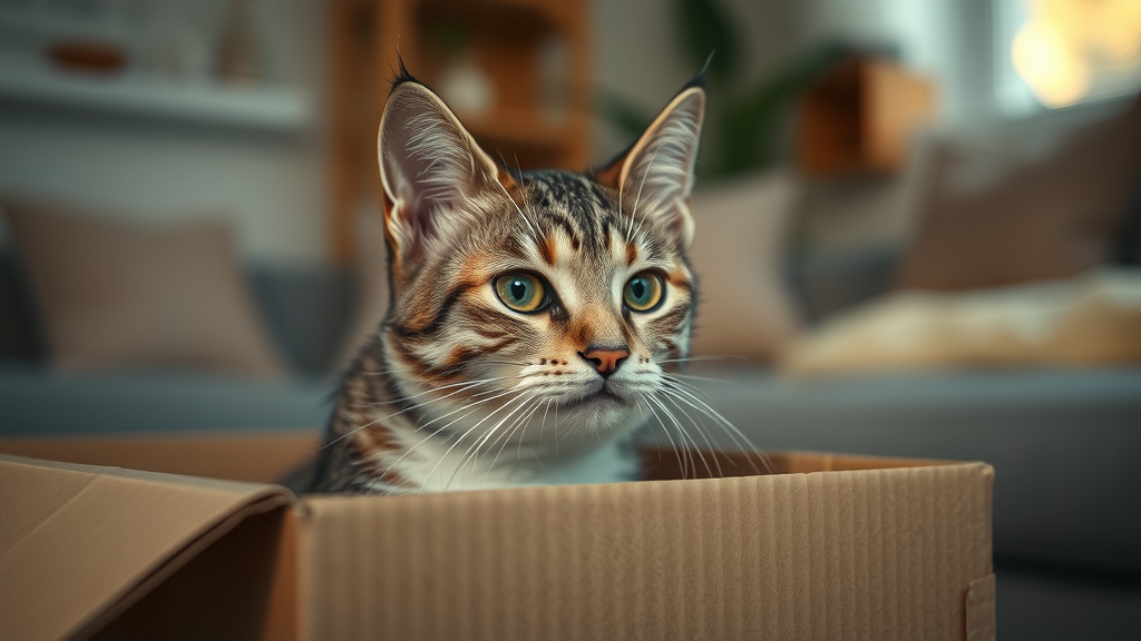 Timid domestic cat peeking from partially closed cardboard box, cats like boxes