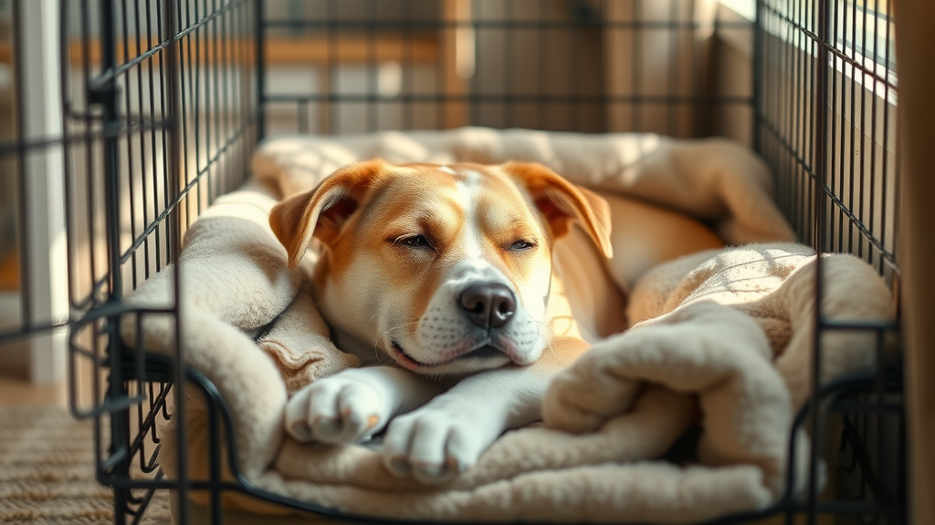 Crate training for dogs: content dog resting calmly inside a comfortable crate, relaxed, lying down, cozy blankets and soft toys, home interior, natural sunlight, soft neutral tones