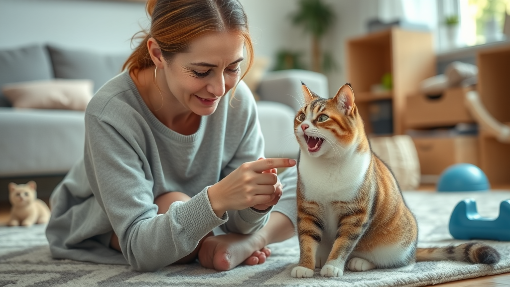 cat meowing and interacting gently with owner in living room