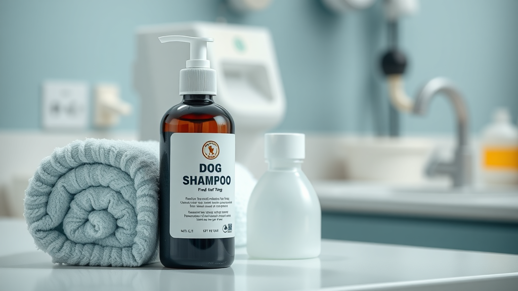 medicated dog shampoo for skin infection beside towel in vet clinic, bottle focused for sensitive skin