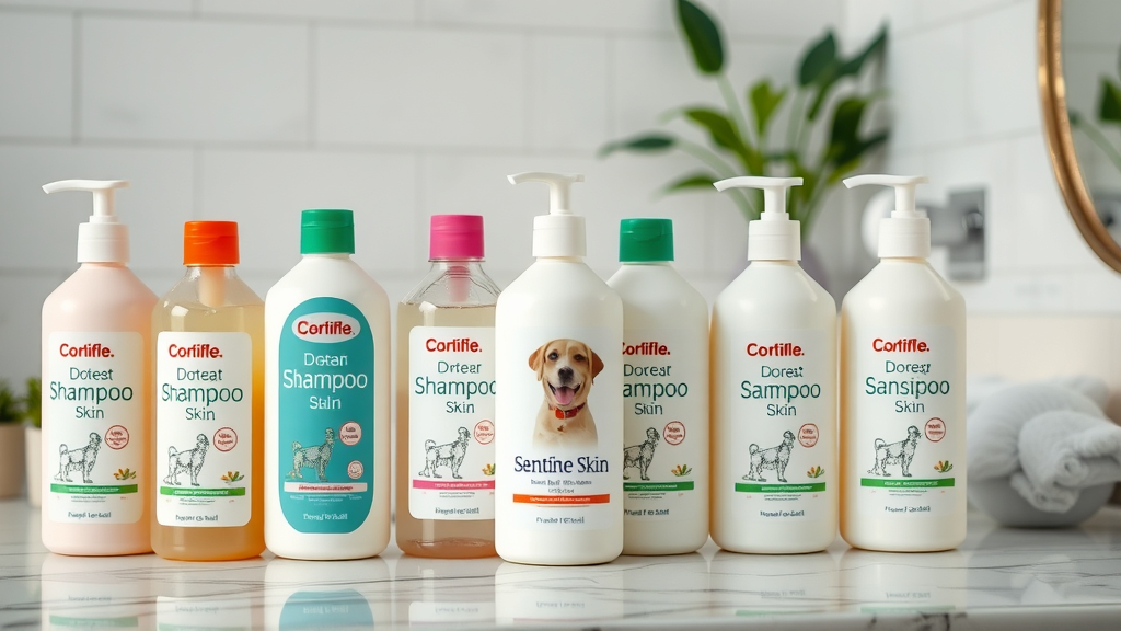 popular sensitive-skin dog shampoo bottles, arranged for comparison