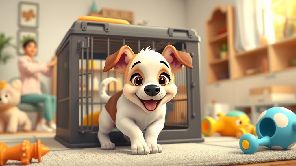 crate training for dogs: happy puppy exploring a new crate, curious, family room, pet toys, playful energy, pastel colors, bright lighting
