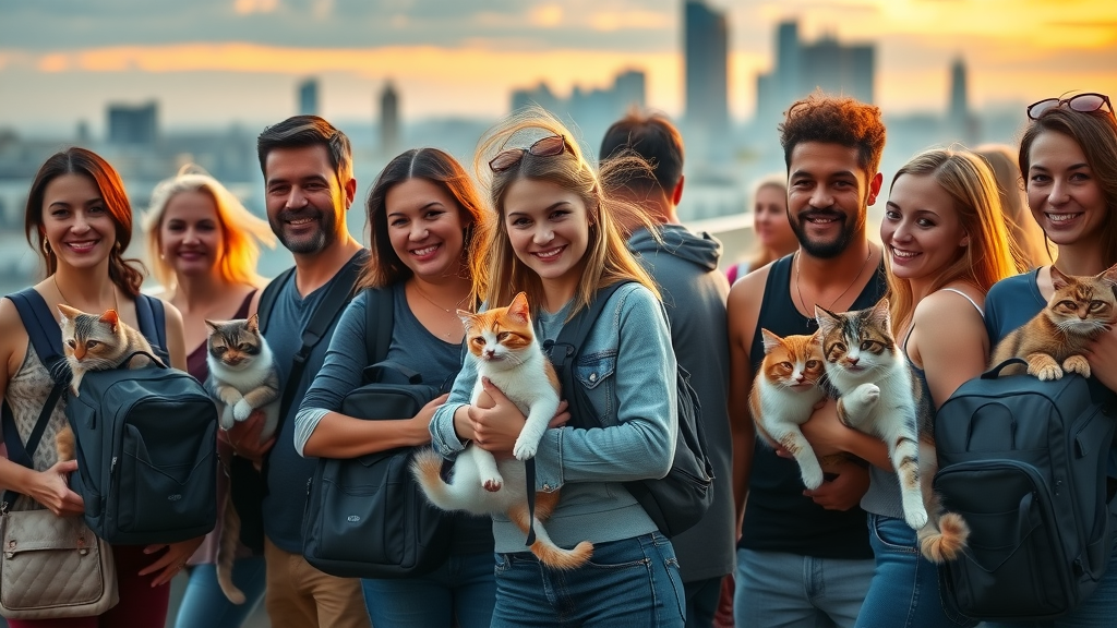 diverse group of cat owners with backpack carriers and happy cats on urban rooftop at sunset. cat that travels in a backpack trend