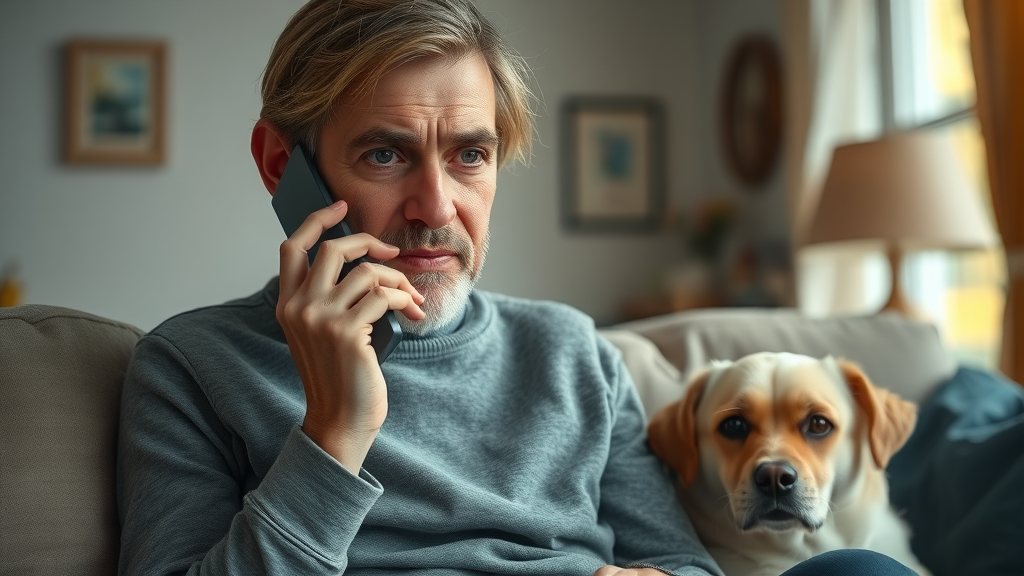 concerned dog owner on phone, calling veterinarian about dog aggression, cozy home, distressed dog, good idea, professional help