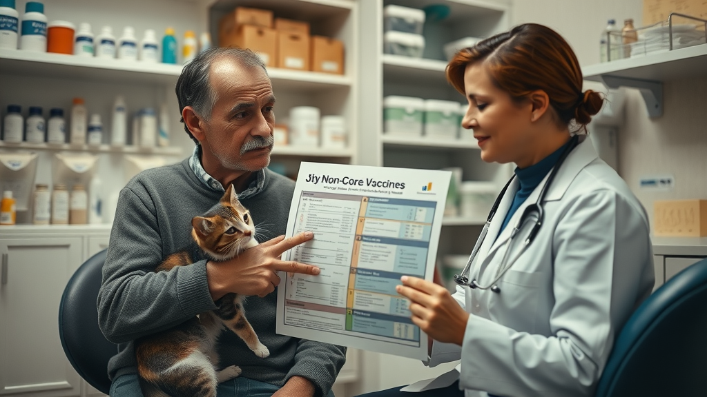 veterinarian discussing feline leukemia virus vaccine with cat owner in a cozy veterinary office