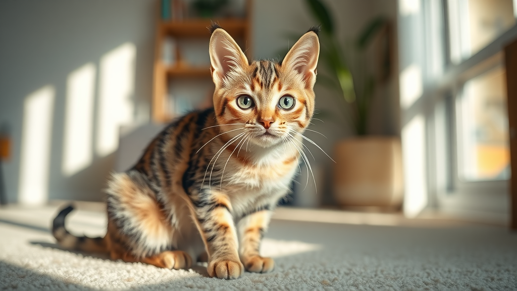 curious domestic cat alert for training in modern home, cat recall training success