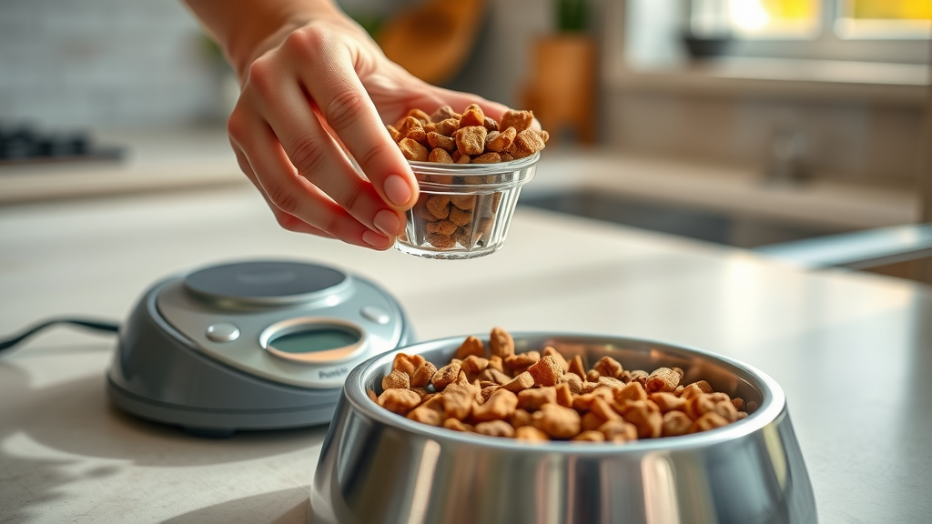 Pair of hands precisely measuring kibble for dog feeding chart tips