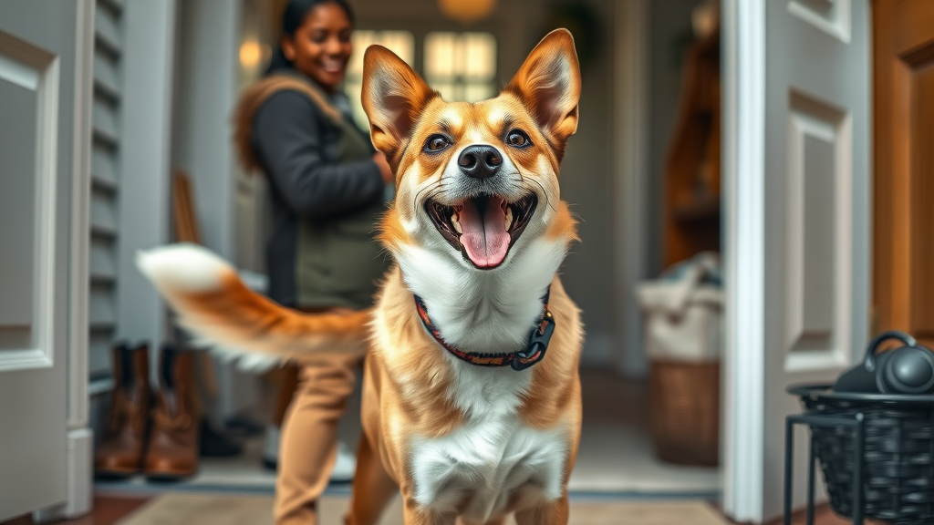 friendly mixed-breed dog wagging tail greeting owner at home entryway photorealistic