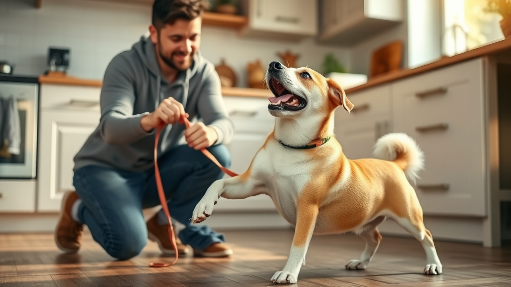 Happy dog stretching with owner before a morning routine walk