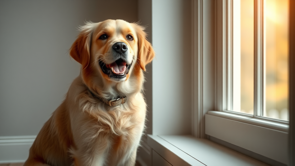 Joyful golden retriever waiting by a window as part of a healthy daily routine for your dog