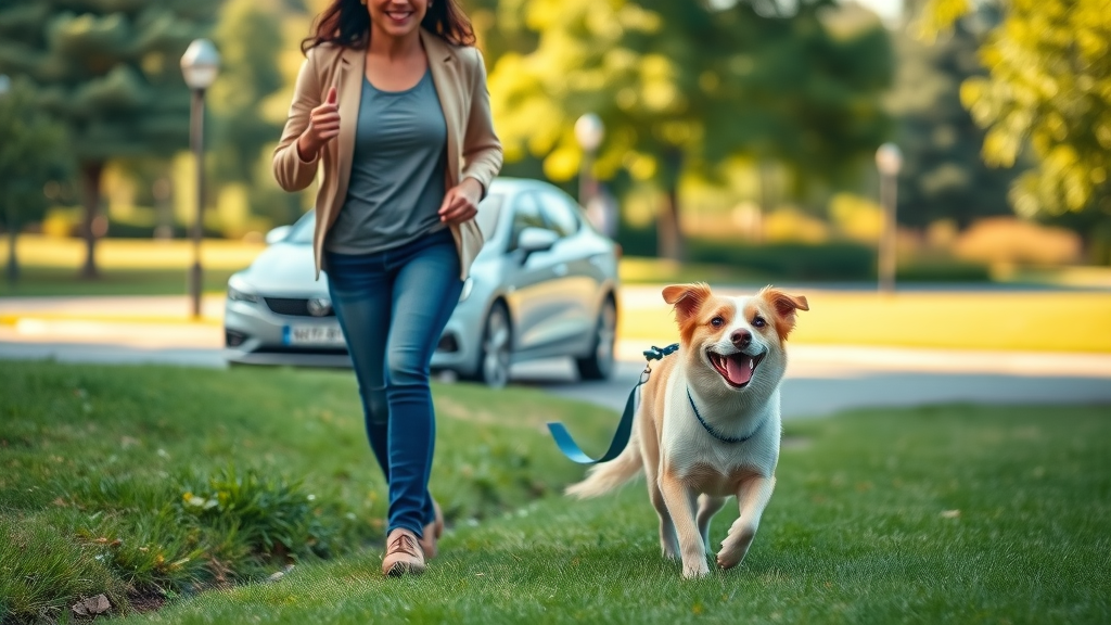 owner and dog briskly walking outside near a park before getting in the car, joyful and relaxed expressions, Photorealistic