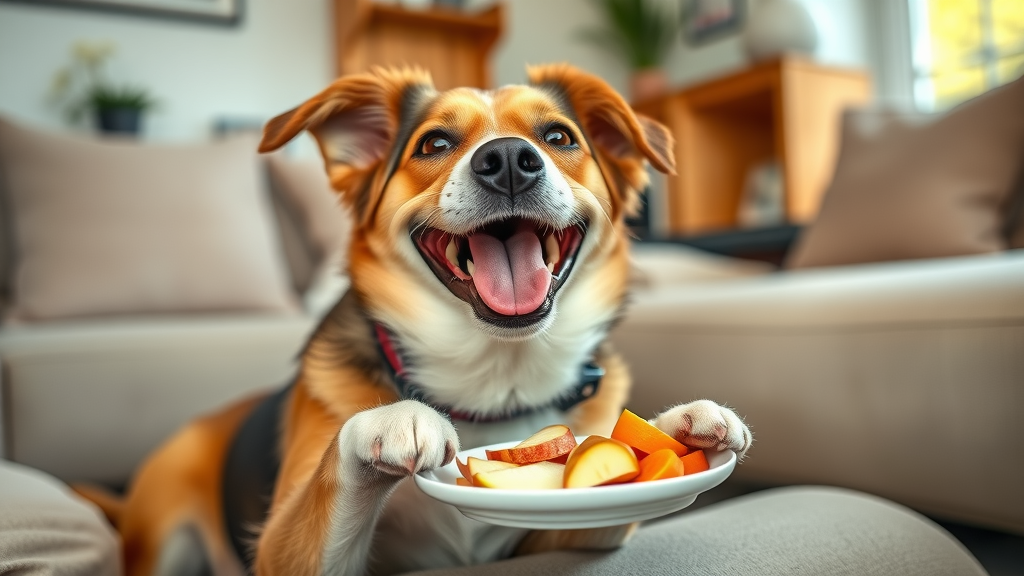 happy dog eating sliced carrots and apples, safe human foods dogs can eat