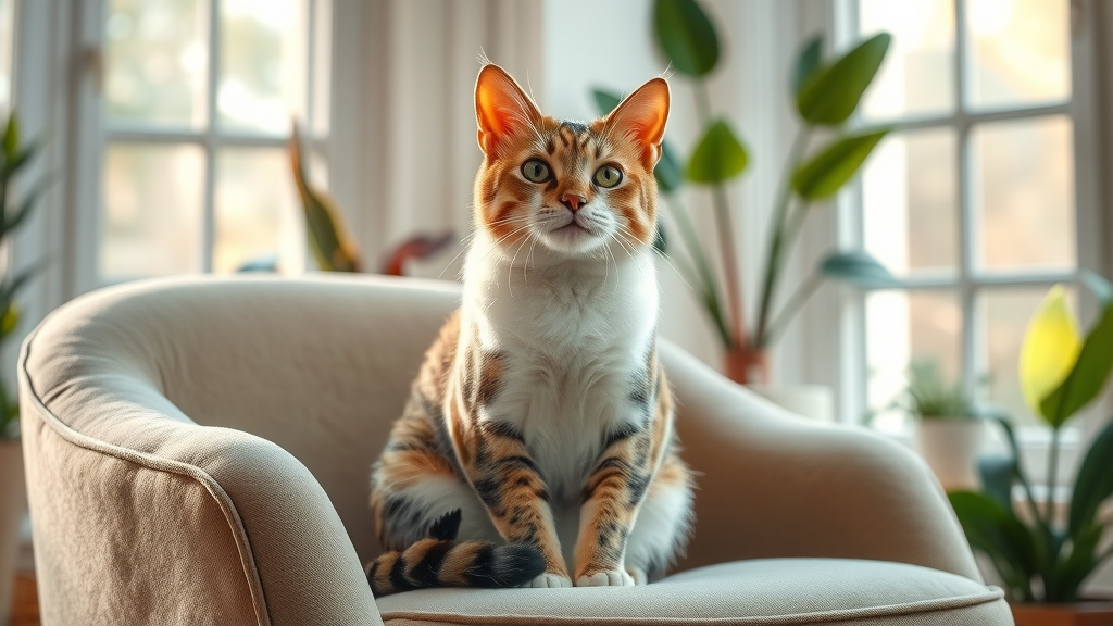 charming domestic shorthair cat content expression sitting on chair cat age human years living room window sunlight houseplants cat image