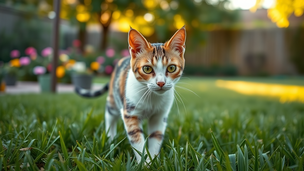 Curious domestic cat exploring grassy garden on a leash training session, photorealistic, harness and leash, outdoor adventure, golden sunlight