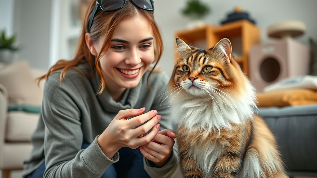 cat sitter offering treats to fluffy Maine Coon cat in a cozy living room