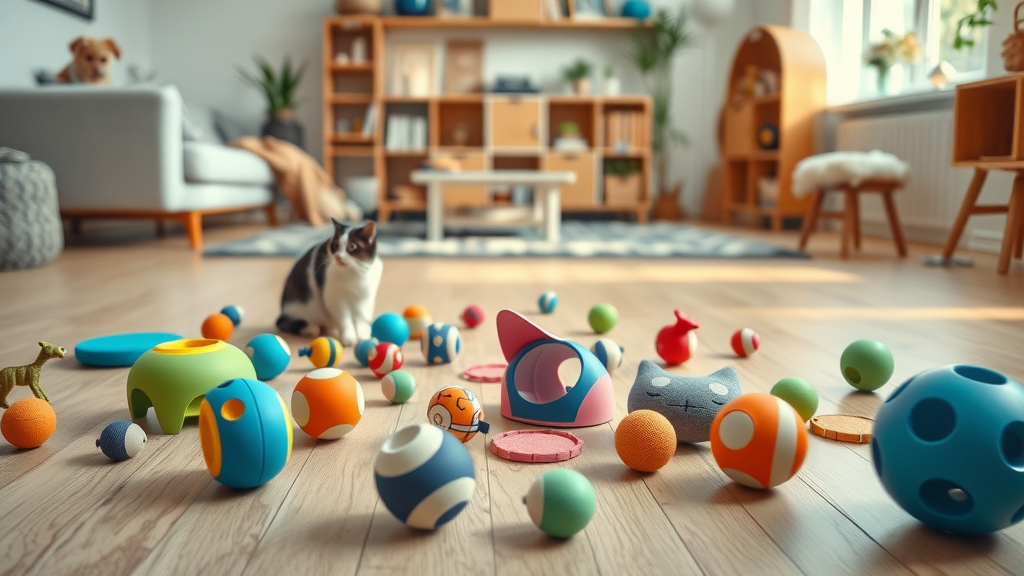 colorful selection of modern cat toys arranged on floor, best toys for what toys do cats enjoy most?