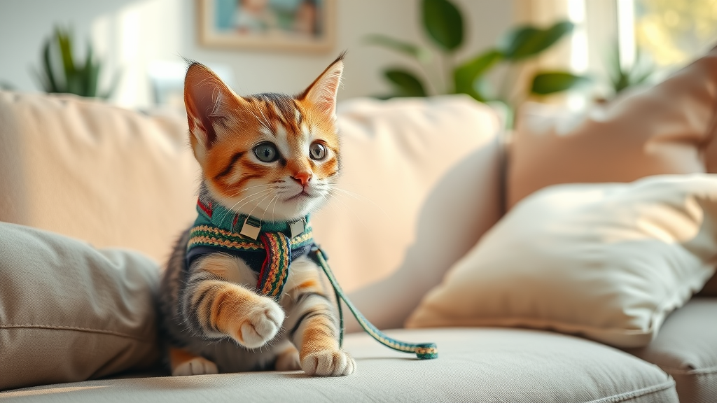 harness and leash training, playful young cat inspecting colorful harness