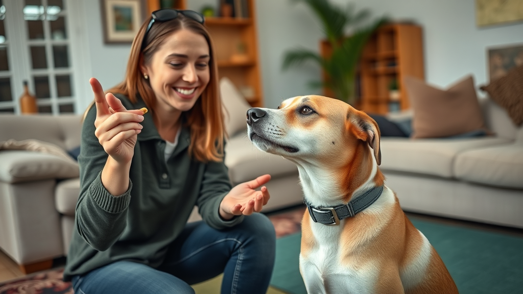 friendly dog trainer using hand signal and treat for recall in a home living room