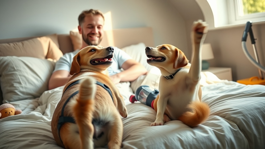 Authentic moment of a dog owner waking to an excited dog wagging its tail at the bed foot. Main keyword: sleeping with your dog