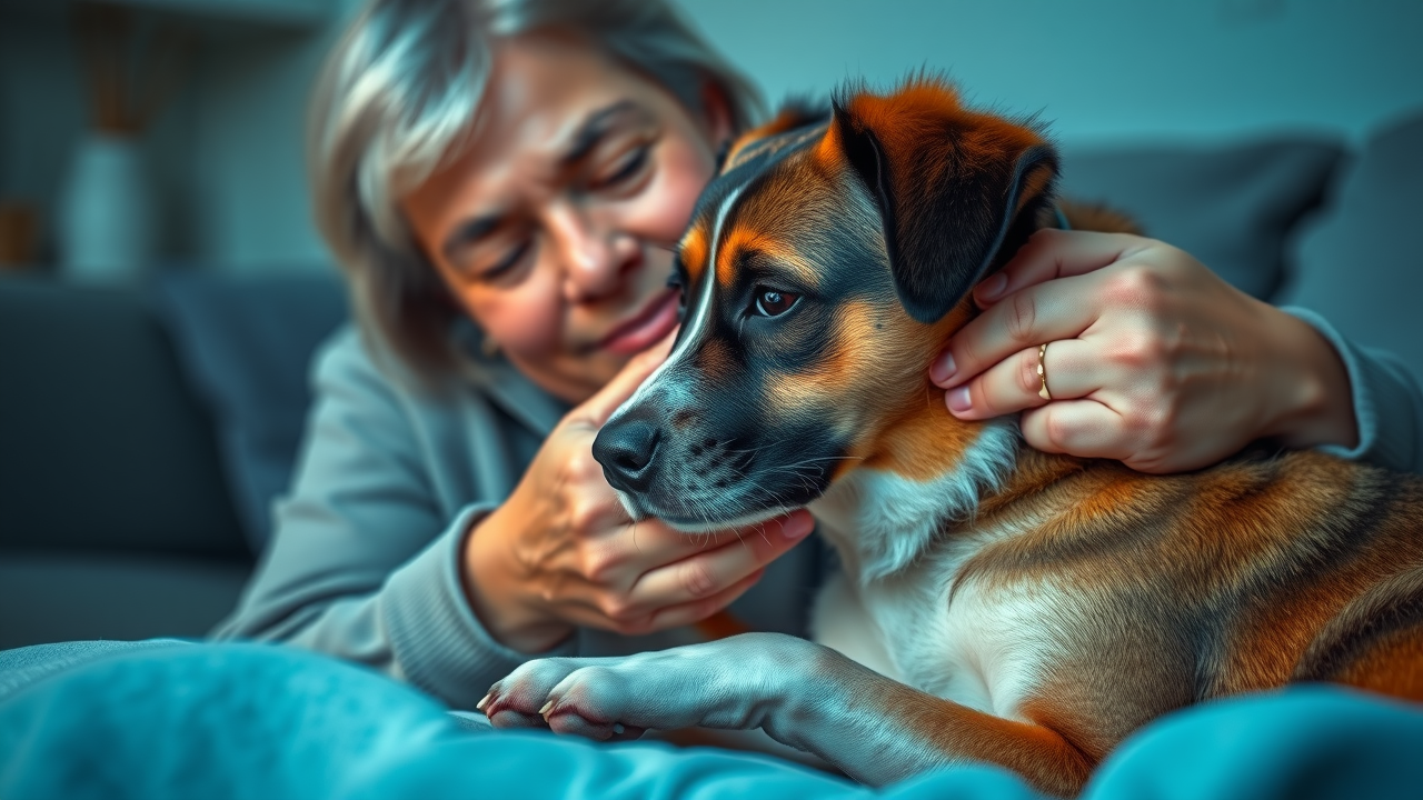 Dog bad dream: Empathetic owner gently comforting a distressed dog after a nightmare. Photorealistic and caring.