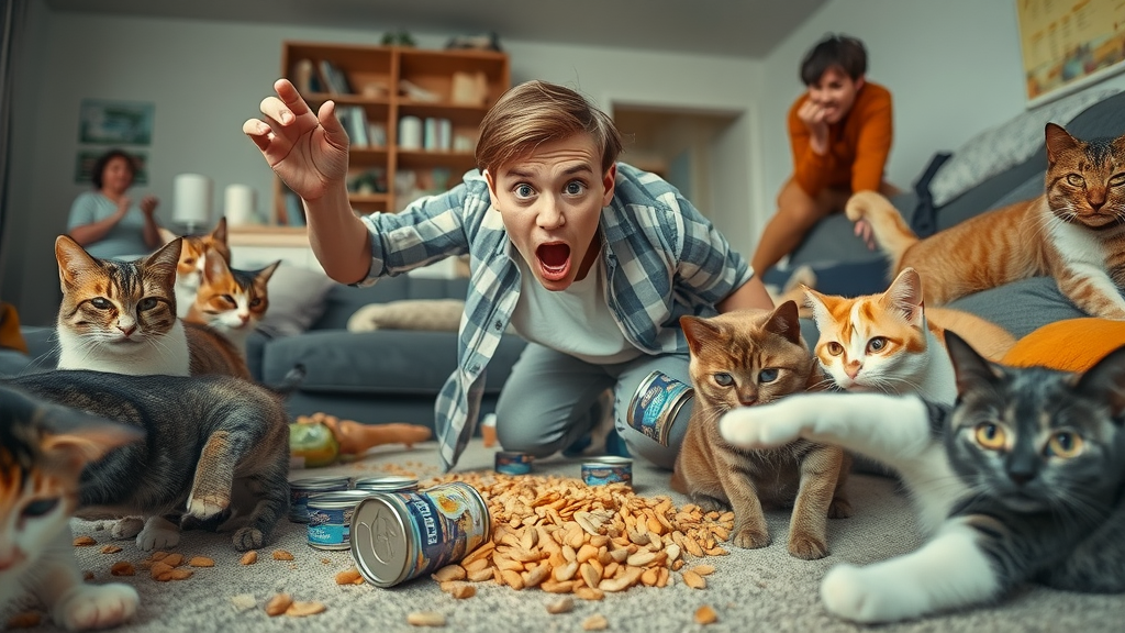 a hilarious cat-sitter story with a startled person slipping on spilled tuna surrounded by playful cats