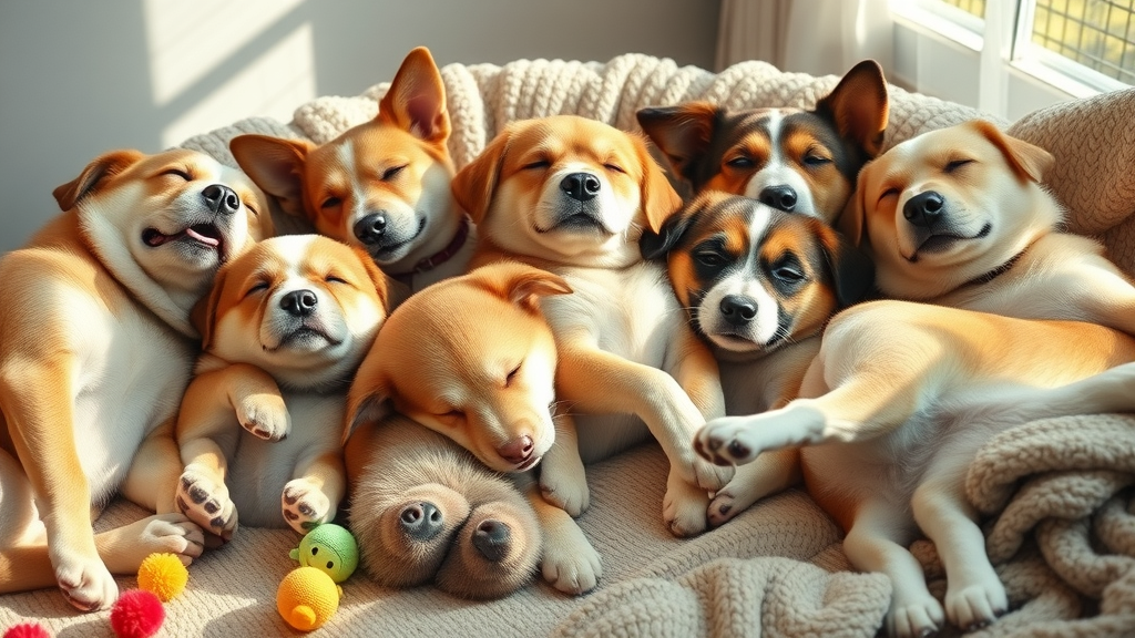 Dog dreams: Group of diverse breeds sleeping together, some with visible paw twitches, sunlit room with toys and blankets.