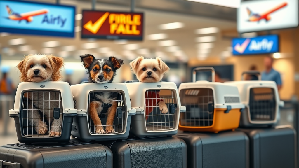 lineup of airline-approved pet carriers for small dogs, pet carrier documentation at airport counter, photorealistic, pet travel