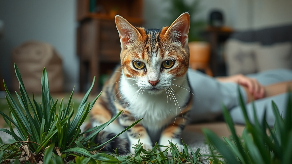 Worried cat near chewed grass, potential upset stomach after eating grass