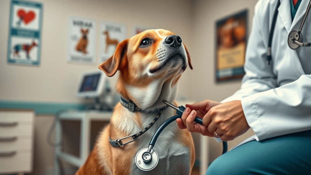friendly dog with a relaxed demeanor, looking up at a veterinarian, sitting calmly during a checkup, cozy veterinary office, medical posters, vet holding stethoscope, how often should i take my dog to the vet?