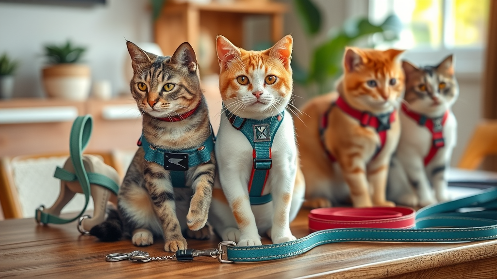Selection of cat harnesses and leashes, various types for harness and leash training, close up of buckles and fabric, arranged neatly on wooden table