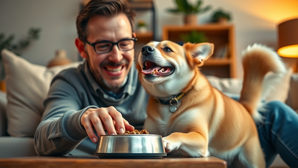 dog to eat - happy dog and owner following consistent mealtime routine
