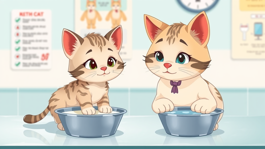 Kitten and adult cat with separate bowls: special cat milk for kitten, water for adult, visual feline nutrition guidance